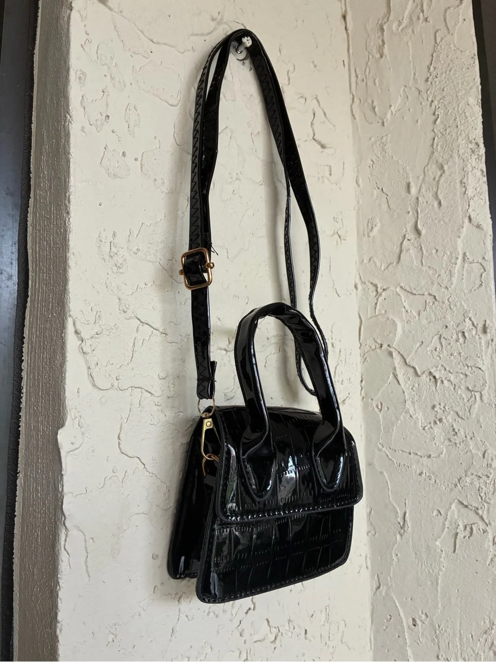 Black Patent Crocodile Embossed Mini Bag | Convertible Top Handle Crossbody - Picture 10 of 13